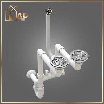 Сифон Слив для раковины ХРОМ настенный, двухчашный с переливом