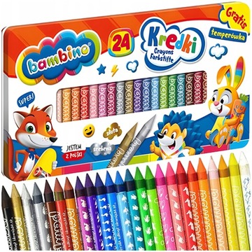 KREDKI GRAFIONOWE ŚWIECOWE BAMBINO METALOWE ETUI 24 kolory + temperówka
