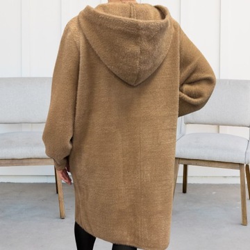 ПАЛЬТО ЖЕНСКОЕ КУРТКА ИЗ АЛЬПАКИ ТЕПЛЫЙ СВИТЕР С ДЛИННЫМ КАПЮШОНОМ ТЕМНО-КАРАМЕЛЬНАЯ 2186