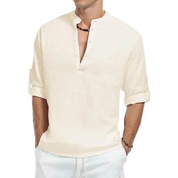 Mens Casual Cotton Shirt Long Sleeve Band Collar H