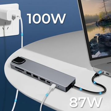Док-станция HUB USB-C для ноутбука 8в1 USB 3.0 HDMI 4K LAN алюминий 100Вт