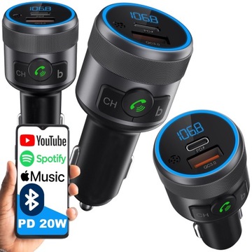 TRANSMITER FM BLUETOOTH USB TYP C QC 3.0 + PD BASS PD 20W