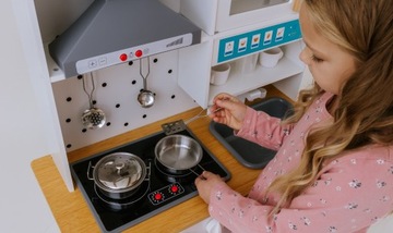DUŻA drewniana kuchnia dla dzieci INTERAKTYWNA palnik okap kostkarka garnki