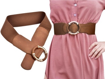 Женский КОРИЧНЕВЫЙ РЕМЕНЬ, широкий, ЭЛАСТИЧНАЯ РЕЗИНА, золотая пряжка