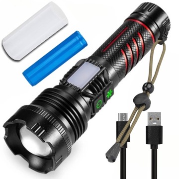 MOCNA LATARKA TAKTYCZNA LED AKUMULATOROWA SZPERACZ REFLEKTOR ZOOM POWERBANK