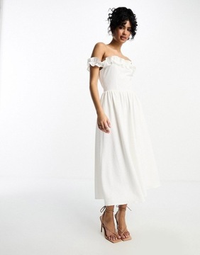 Little Mistress Biała sukienka midi z dekoltem bardot i pełną spódnicą XL