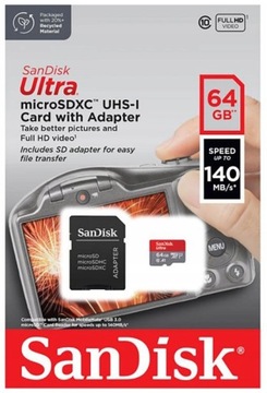 КАРТА ПАМЯТИ SanDisk ULTRA MICROSD SDXC A1 64 ГБ 140 МБ/С + АДАПТЕР FULLHD