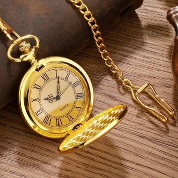 Złoty Zegarek Kieszonkowy - Klasyczny Otwierany - Gold Vintage na Łańcuszku