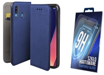 Etui z klapką do SAMSUNG GALAXY A40 niebieski porowiec case +szkło na ekran