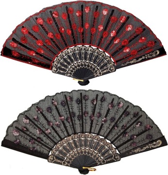 2 Pack Sequined Folding Fans (Red, Black)