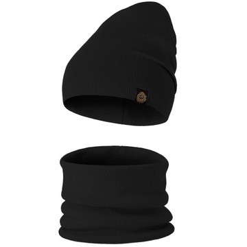 Czapka Komin Komplet Dwuwarstwowy Bawełna Elastan Prążek 46-50 Czarny