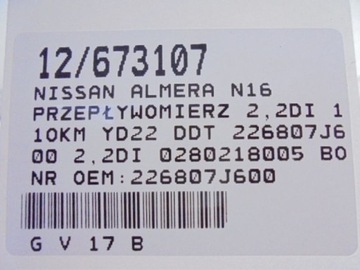 ALMERA N16 VÁHA VZDUCHU 226807J600 2,2DI