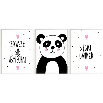 Panda Napisy Zestaw 3 szt Plakaty Dziecięce A4