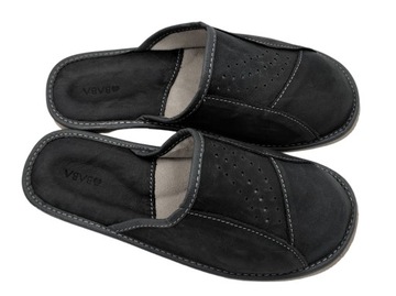 BABA Pantofle domowe kapcie męskie laczki skórzane czarne licowe PREMIUM