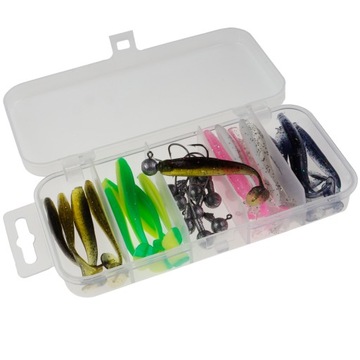 ZESTAW SPINNINGOWY 25 PRZYNĘT FL + 10 GŁÓWEK + PUDEŁKO OKOŃ SZCZUPAK 5,5CM