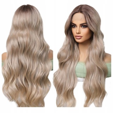 PERUKA blond brąz FALE jak naturalne LACE FRONT długie falowane włosy OMBRE