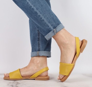 Żółte skórzane sandały damskie płaskie komfortowe HISZPAŃSKIE ROZ. 39