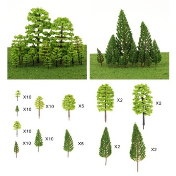 Миниатюрные модели деревьев желтого и зеленого цвета.