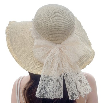 Women Straw Hat Lace Bow Faux Pearl Decor Beach Sun Hat Wide