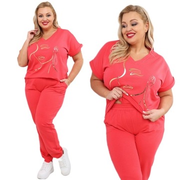 KOMPLET DRESOWY DAMSKI LETNI CIENKI KRÓTKI RĘKAW PL PLUS SIZE KORALOWY 4XL