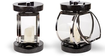 Elegancki Lampion nagrobny okrągły srebrny stal+granit czarny