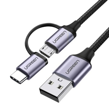 КАБЕЛЬ UЗЕЛЕНЫЙ 2в1 USB НА MICRO USB I TYPE-C 1M 2.4A