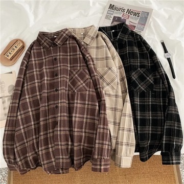 Women Shirt Plaid Oversize Turn-down Collar Leisur