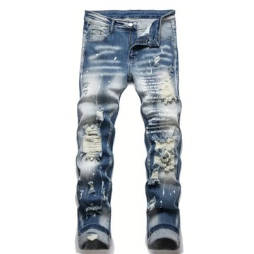 Men Y2k Stretchy Denim Jeans Ripped Skinny Letter