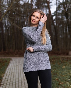 C&A Luźny Kobiecy Melanżowy Sweter Grafitowy Biały Oversize Warkocz M 38