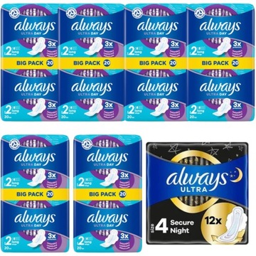 ALWAYS ULTRA DAY 2 long zestaw 6x20szt + 12 ALWAYS SECURE NIGHT 4 wings