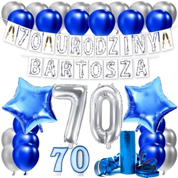 ZESTAW BALONY NA 70 URODZINY LAT + IMIĘ SREBRNY NIEBIESKI 100 CM