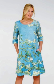 Sukienka midi 100 % len Vv Gogh Kwitnący migdałowiec r.36