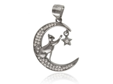 ELEGANCKI RODOWANY SREBRNY WISIOREK KSIĘŻYC MOON CAT BIAŁE CYRKONIE SREBRO