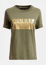 GUESS T-SHIRT BŁYSZCZĄCY KHAKI Z LOGO L 0A4F4*