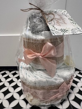 Tort z pieluszek tort pieluchowy BOHO z juty na baby shower + GRATIS