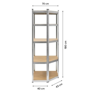 Угловой складской металлический стеллаж с 5 полками для гаража, 180х40х70см, 875кг Rebel
