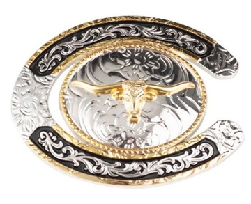 Złota głowa byka longhorn w podkowie klamra western