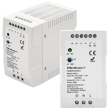 ZASILACZ NA SZYNĘ DIN SLIM 12V 90W 7.5A REGULOWANY