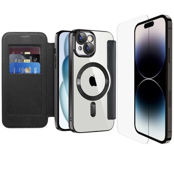 ETUI FLIP Z KLAPKĄ DO MAGSAFE OBUDOWA CASE IPHONE 13 CZARNE + SZKŁO