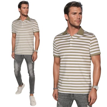 MĘSKA KOSZULKA POLO W PASKI KHAKI PX0640 - L