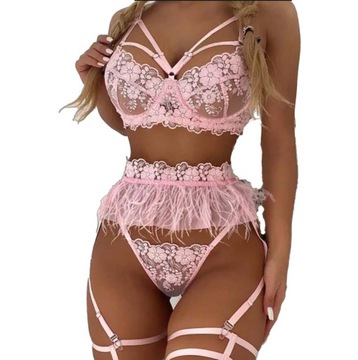 Sexy Bielizna Damska Seksowny komplet koronkowy Odważny Piórka różowy
