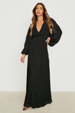 Boohoo ydu v-neck SUKIENKA czarna MAXI PLISOWANA 46 NG2