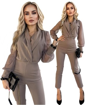 KOMBINEZON DAMSKI elegancki kopertowy dekolt tiulowy rękaw S M RZ222