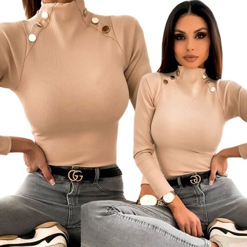 Bluzka damska elegancka prążkowana dopasowana modna wygodna stójka guziki