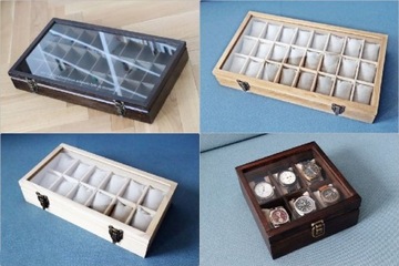 SKRZYNECZKA KASETKA PUDEŁKO GABLOTA NA 24 ZEGARKI DREWNIANA ROBIONA RĘCZNIE