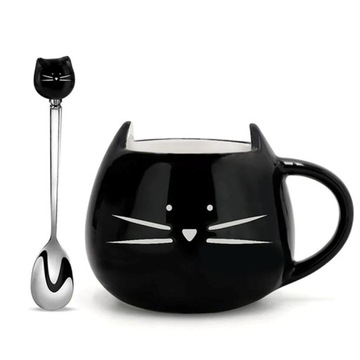 Kubek Ceramiczny Z Kotem Czarny Kot 400 ml Duży Pojemny + Łyżeczka