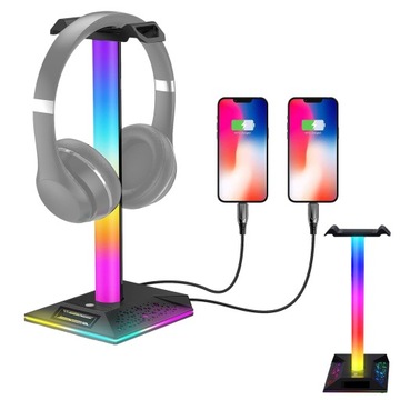 STOJAK NA SŁUCHAWKI RGB 10 TRYB OŚWIETLENIA 1 PORT AUDIO 3,5 MM 2 PORT USB