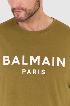 BALMAIN Zielony t-shirt męski z białym logo S