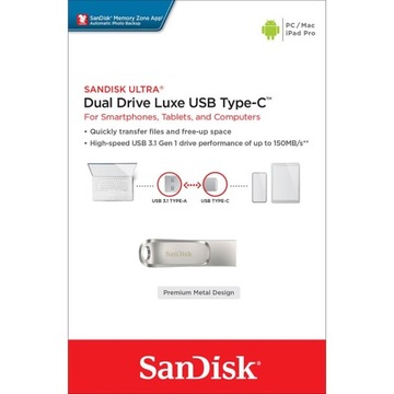 Pendrive SanDisk 64GB Ultra Dual Drive Luxe Type-C USB-C 400MB/s b. szybki