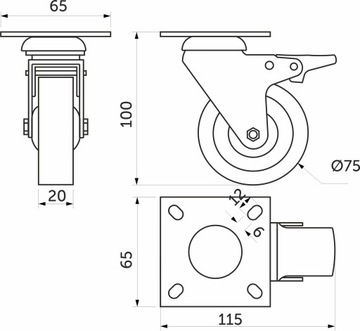 KÓŁKO OBROTOWE GUMOWE fi 75 mm Z HAMULCEM szare